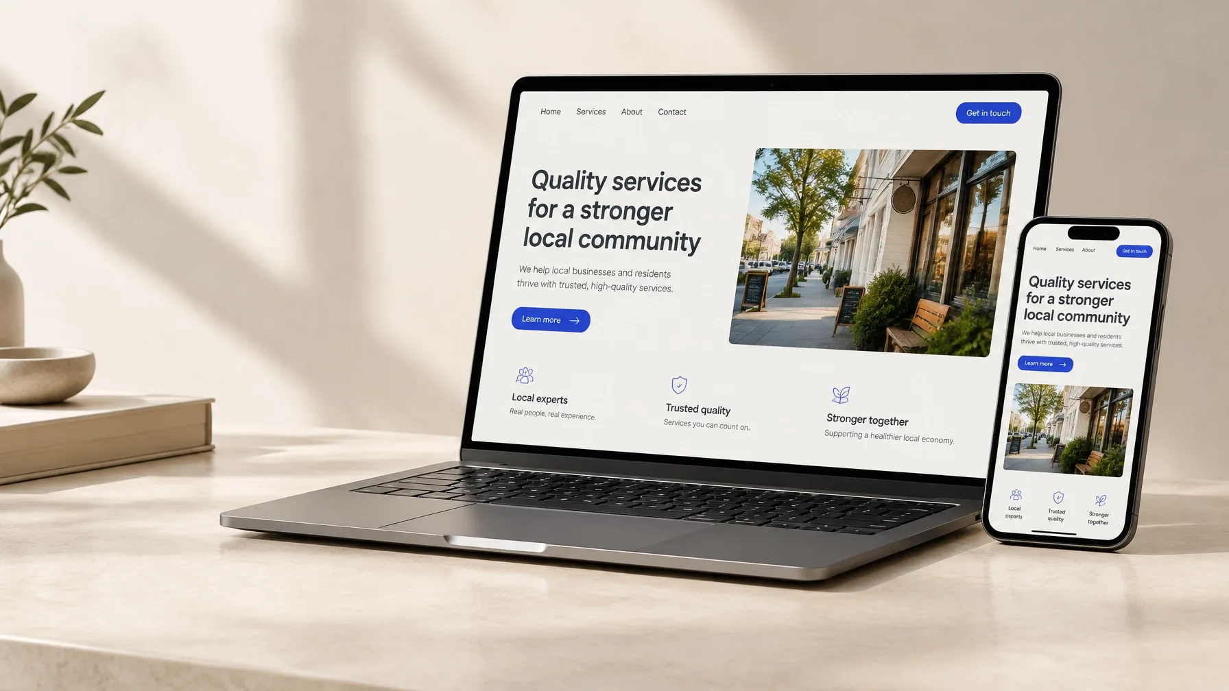 Laptop and phone displaying a clean responsive local-business website