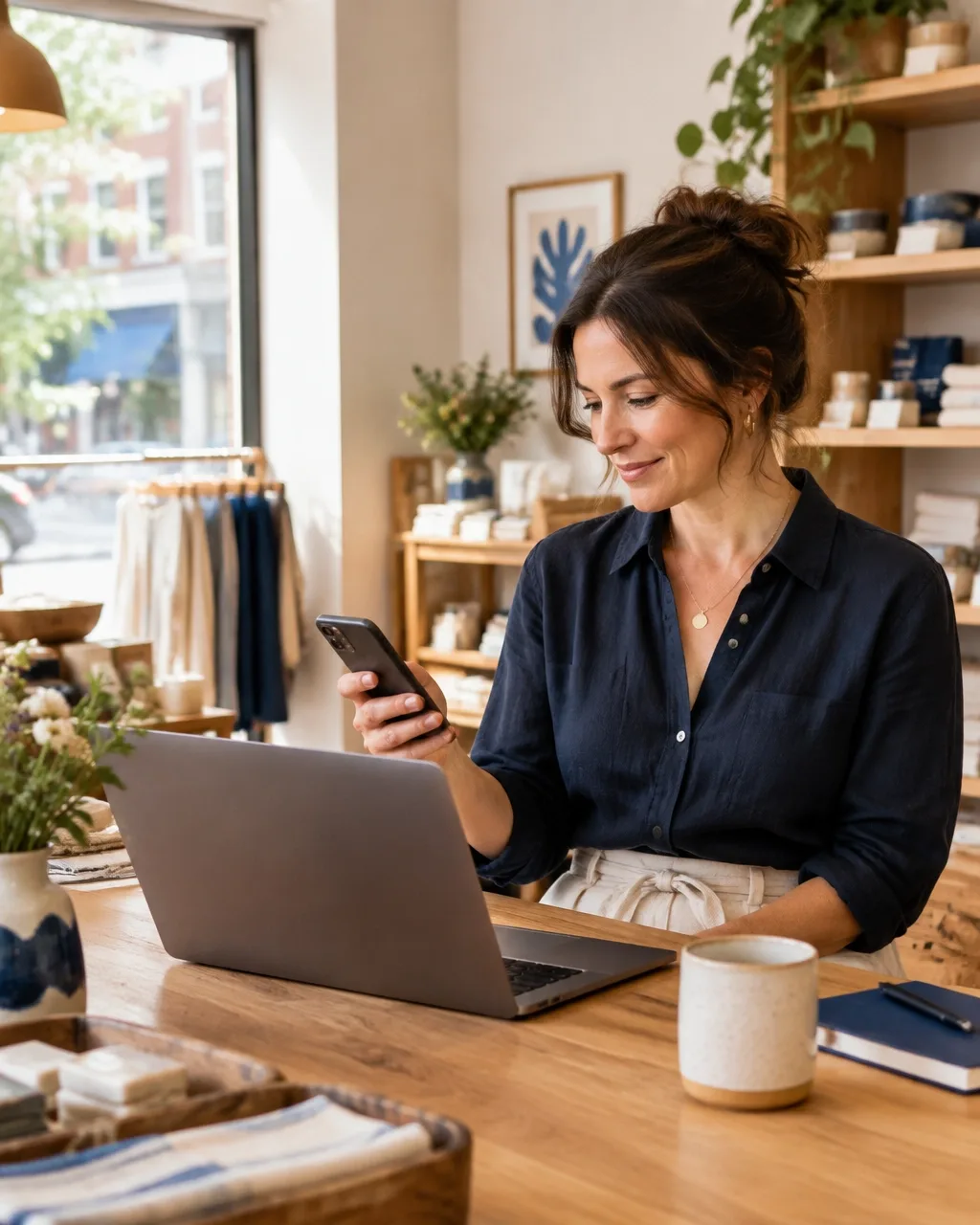 Local shop owner checking her phone beside a laptop in her bright storefront