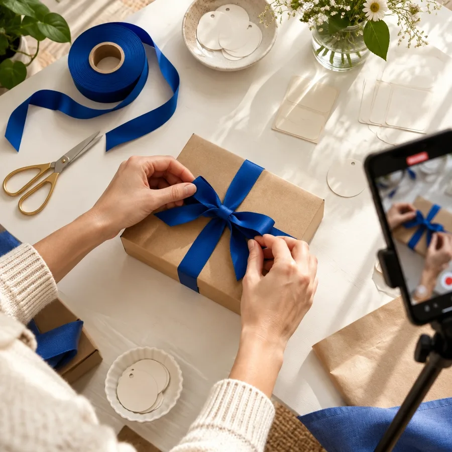 Hands tying a cobalt ribbon around a package at a bright creative worktable while a phone records