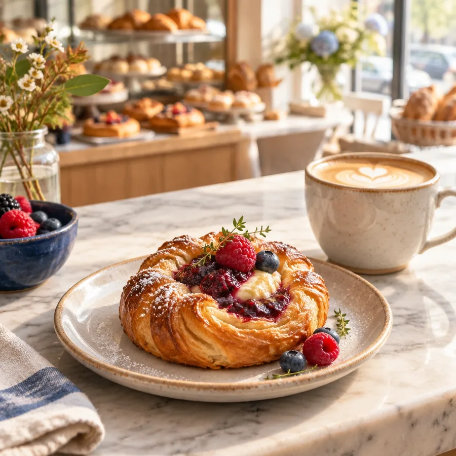 Seasonal berry pastry and coffee styled on a bright bakery counter