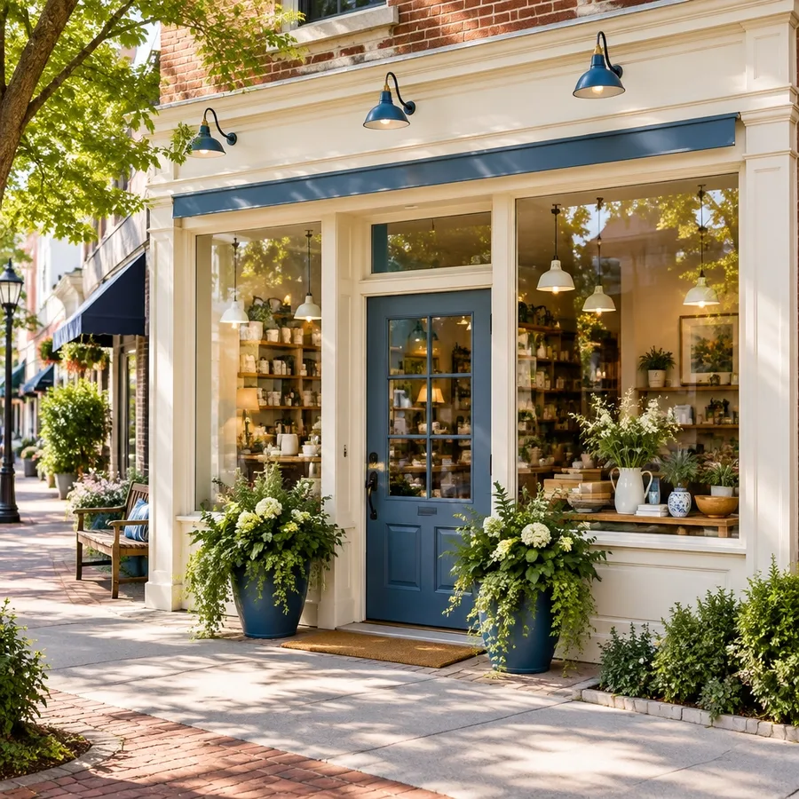 Bright independent storefront with a blue door, plants, and warm window light on a neighborhood main street