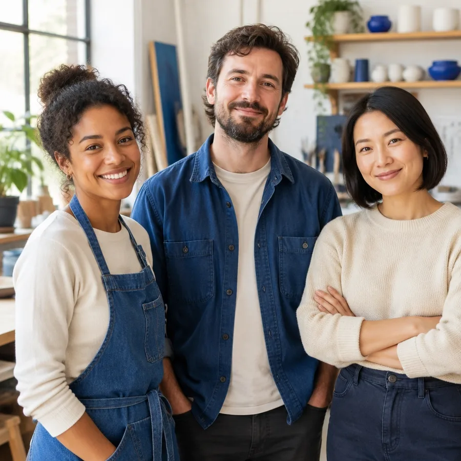Three friendly local business teammates smiling together in a bright studio